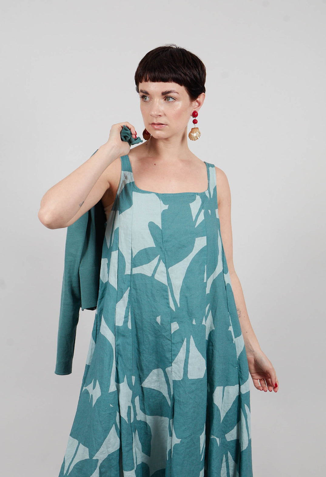 Linen Trapeze Dress in Grass Print - 3550907