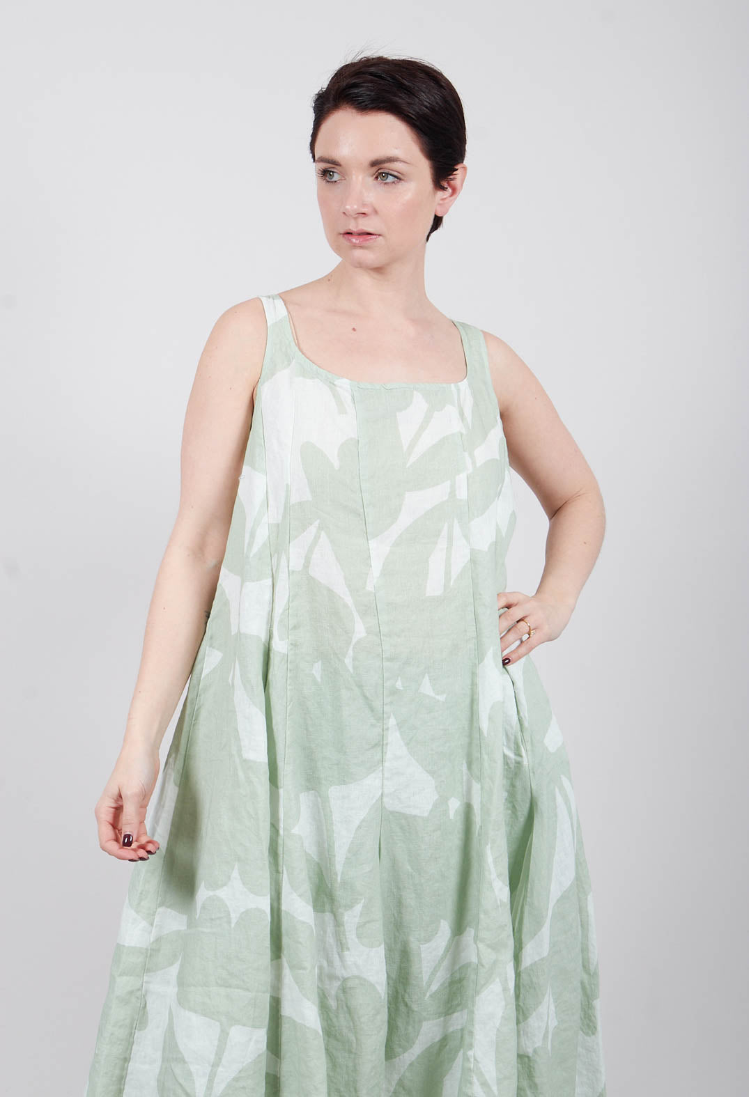Linen Trapeze Dress in Lime Print - 3550907