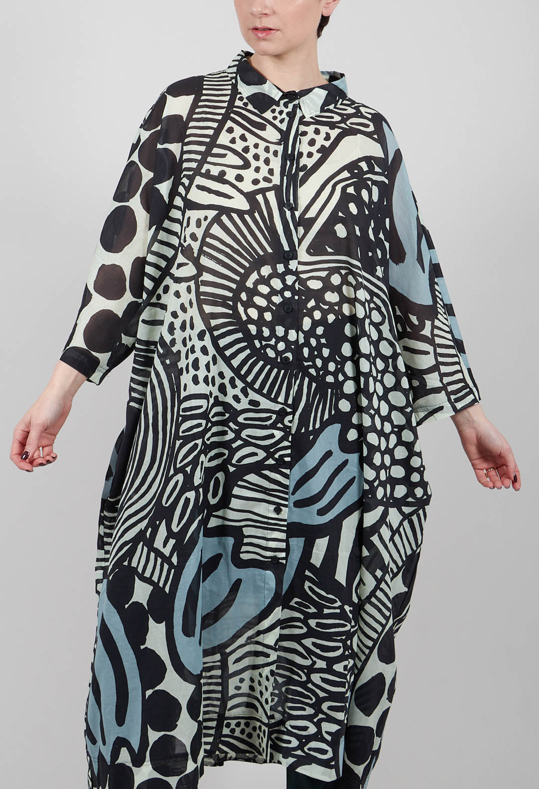 Long Shirt Dress in Black Mint Lime Print - 3600907