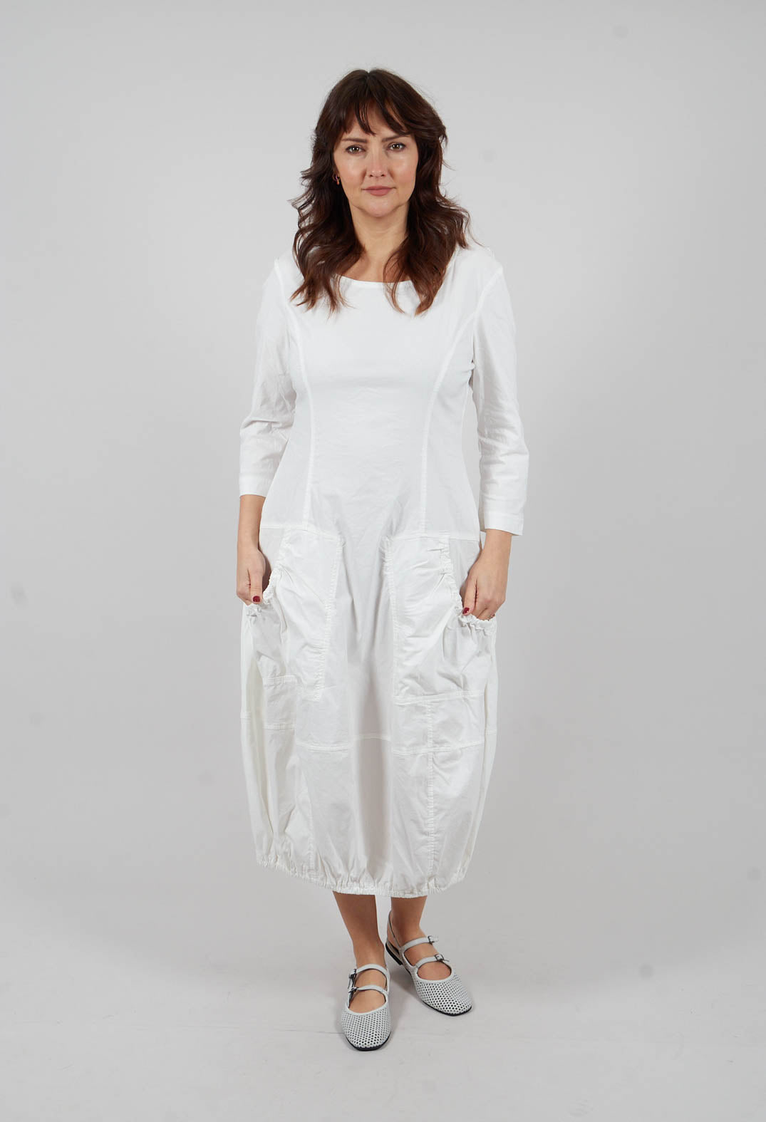 Cropped Sleeve Balloon Dress in Off White - 3630915