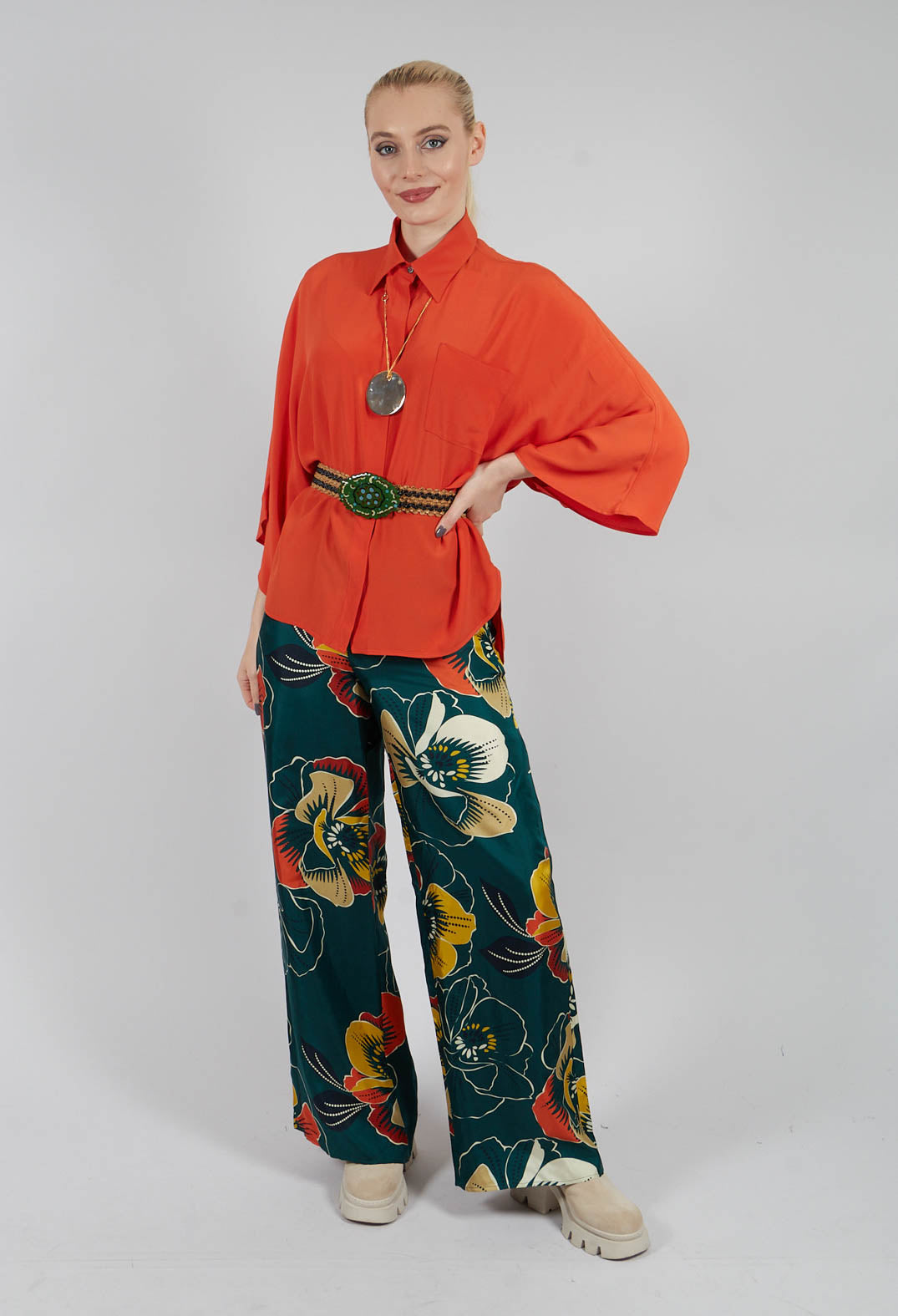Wide Leg Silk Trousers with Floral Print in Multicolour