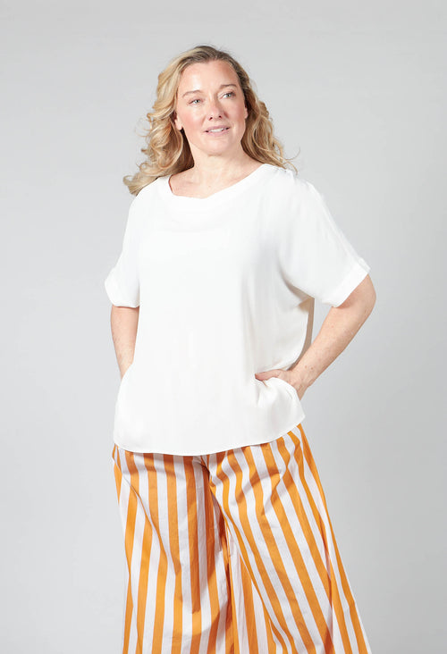 Wide Neck Short Sleeve Silk Blouse in Cream