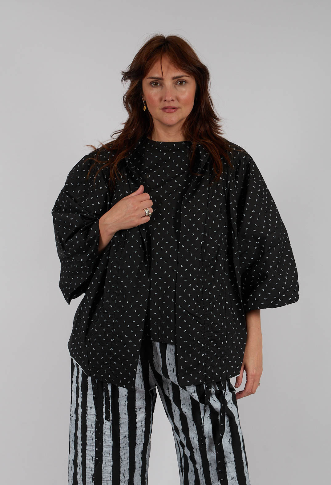 Cotton Drawstring Ruffle Bolero in Leaves Print