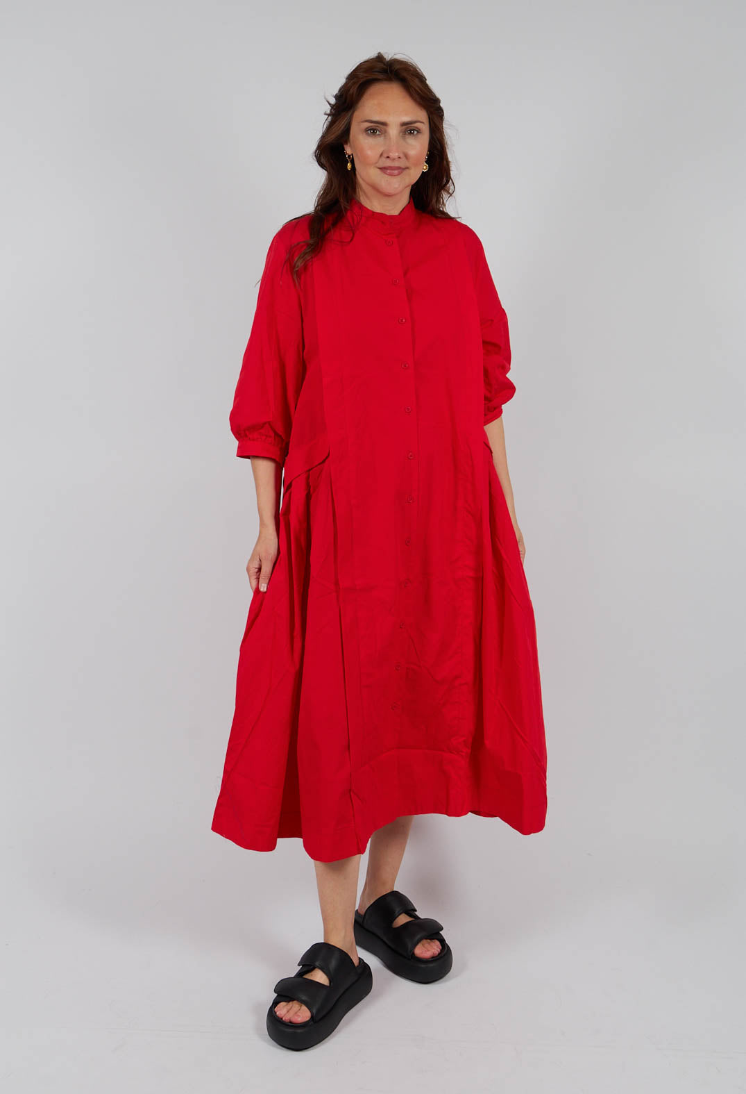 Cotton Pleat Midi Dress in Blaze Red