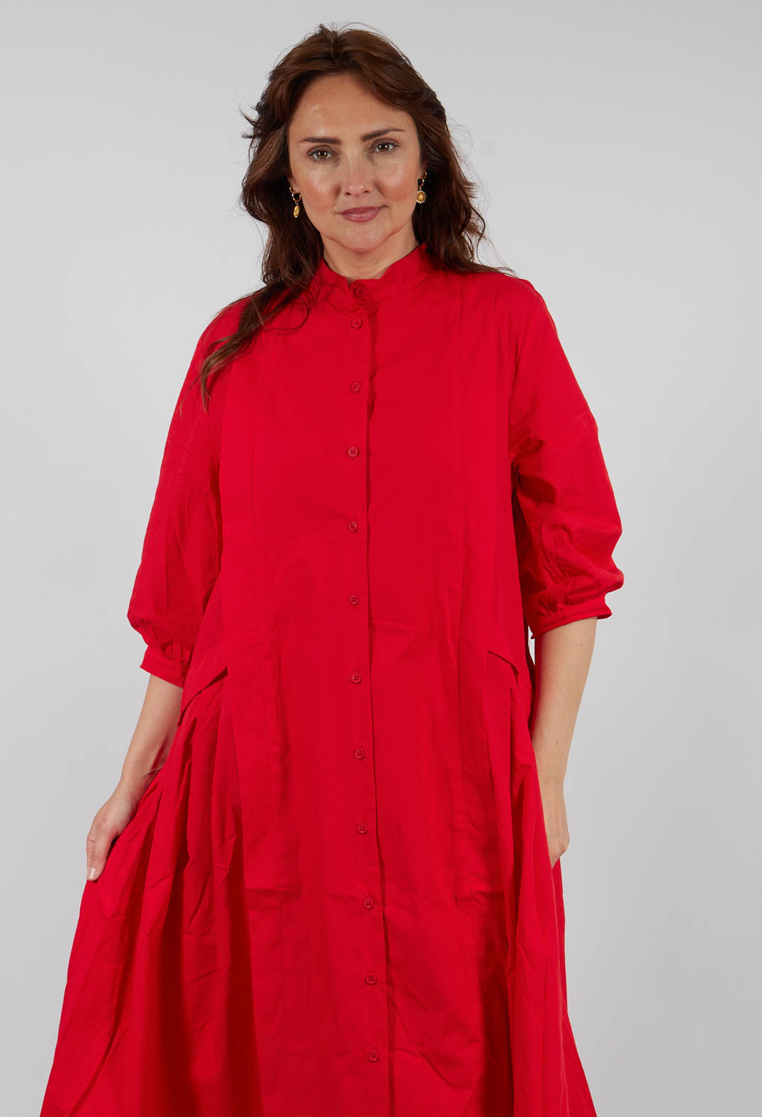 Cotton Pleat Midi Dress in Blaze Red