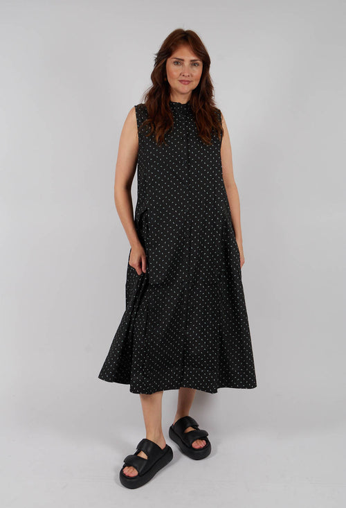 Cotton Sleeveless Pleat Midi Dress in Leaves Print