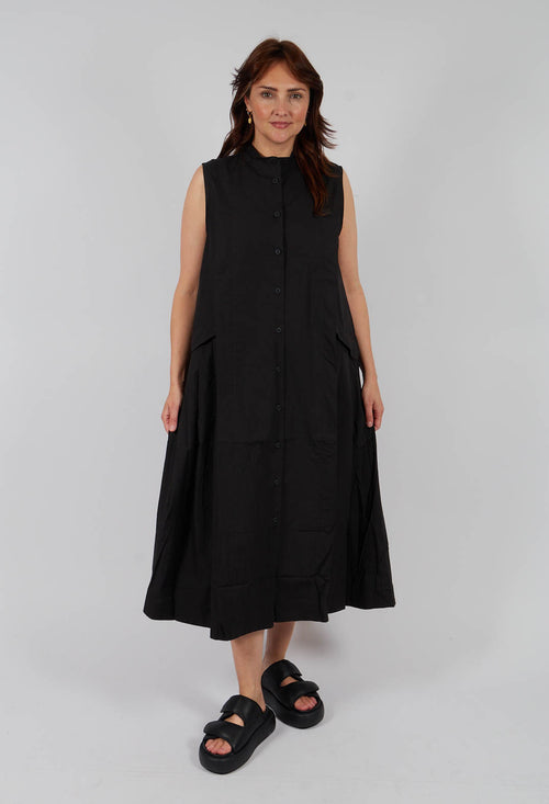 Cotton Sleeveless Pleat Midi Dress in Black