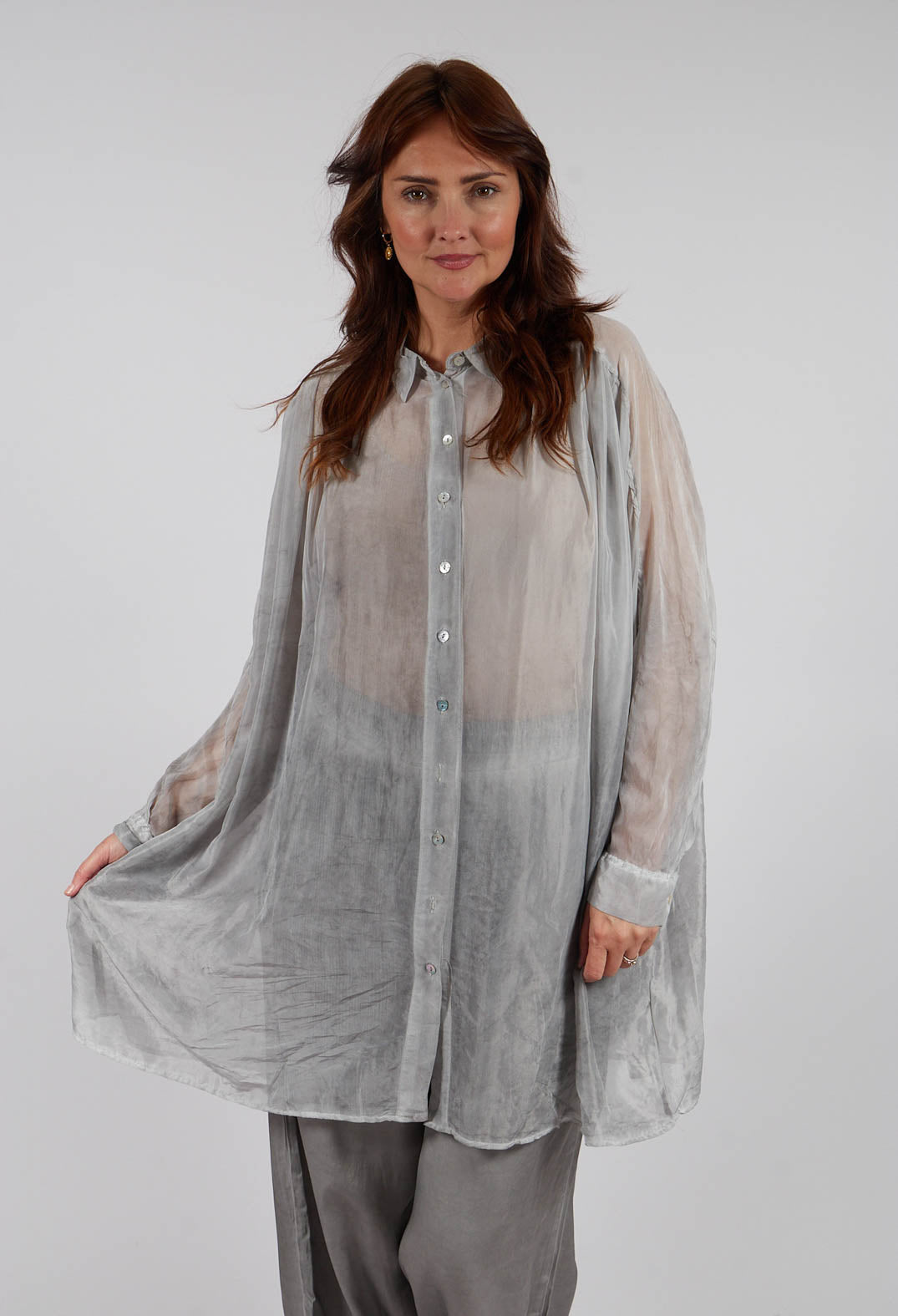 Sheer Collared Longline Shirt in Silver