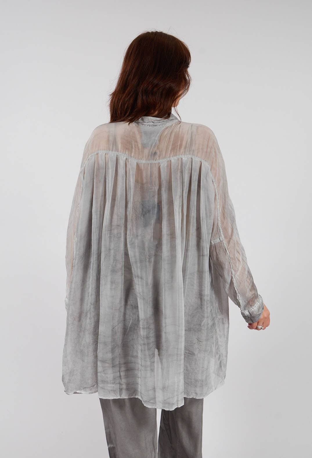 Sheer Collared Longline Shirt in Silver