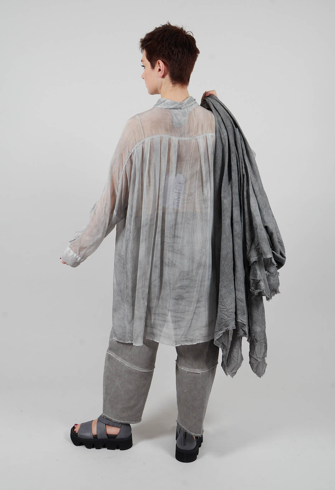 Sheer Collared Longline Shirt in Silver