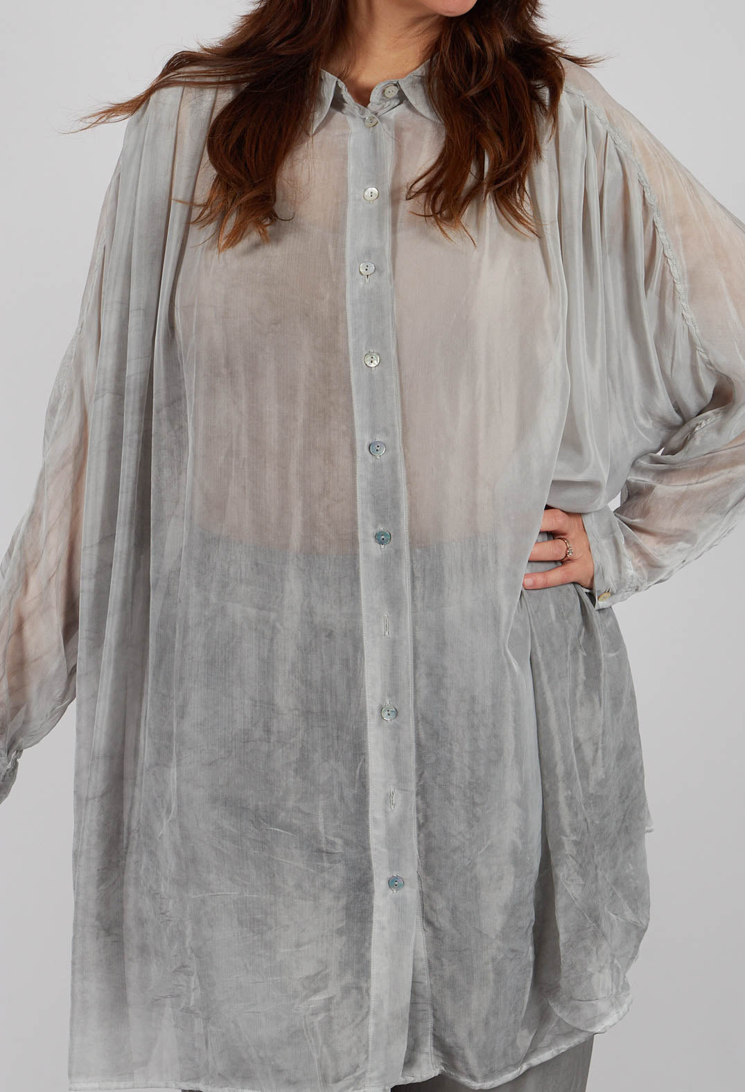 Sheer Collared Longline Shirt in Silver