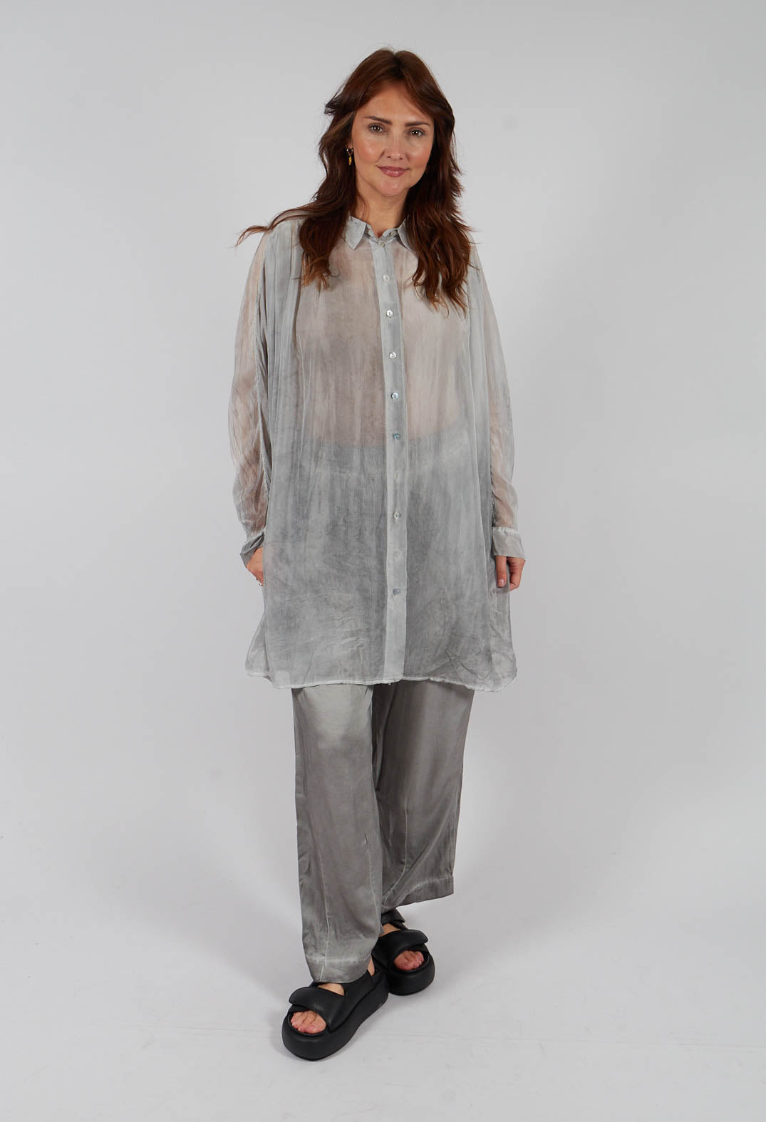 Sheer Collared Longline Shirt in Silver