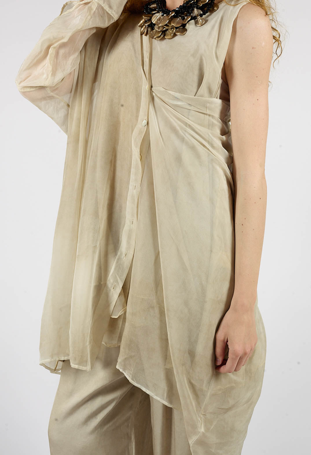Sheer Collared Longline Shirt in Gold