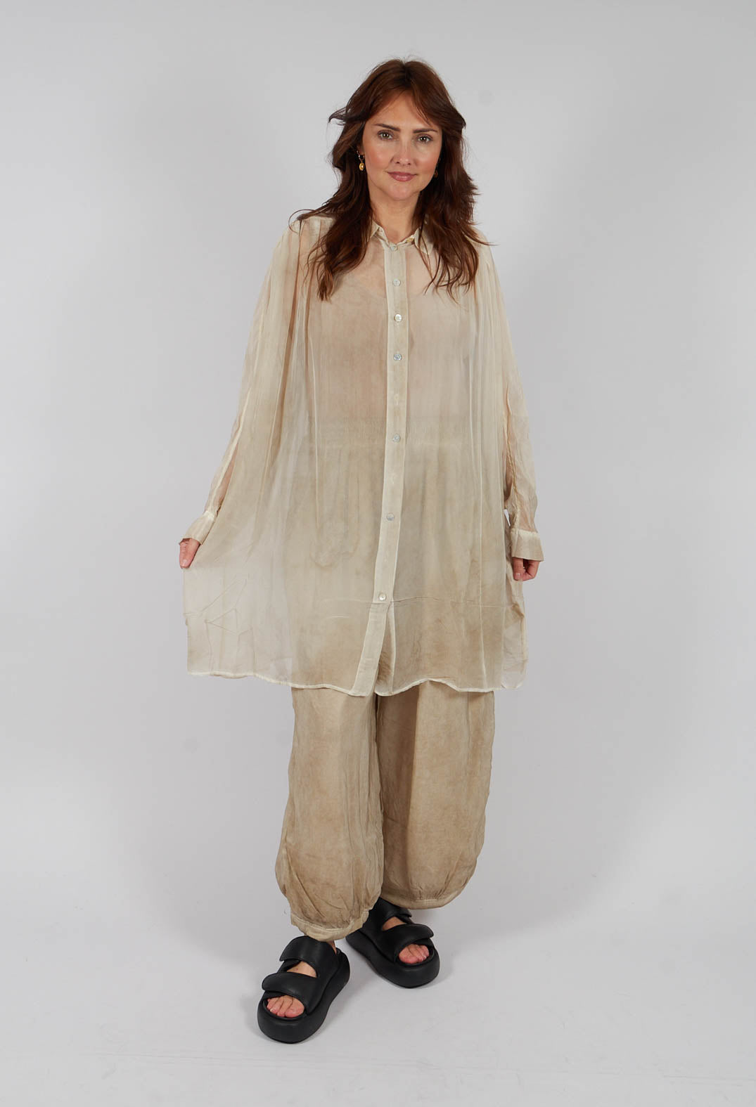 Sheer Collared Longline Shirt in Gold