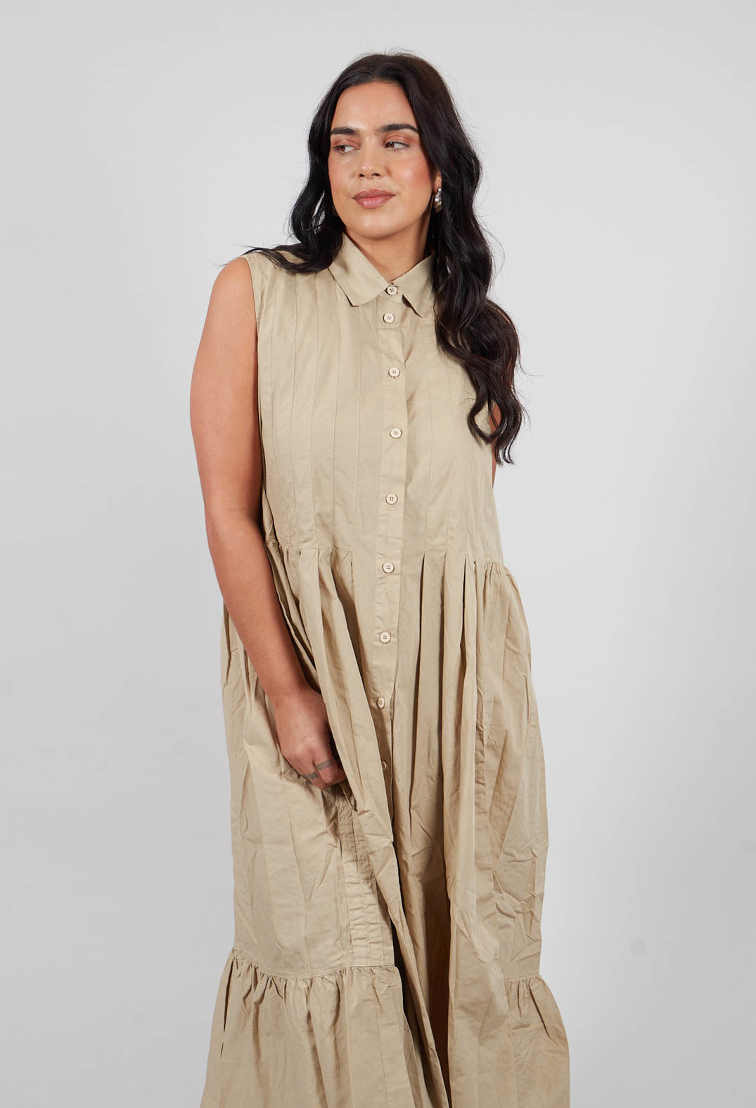 Darted Tier Sleeveless Dress in Sand