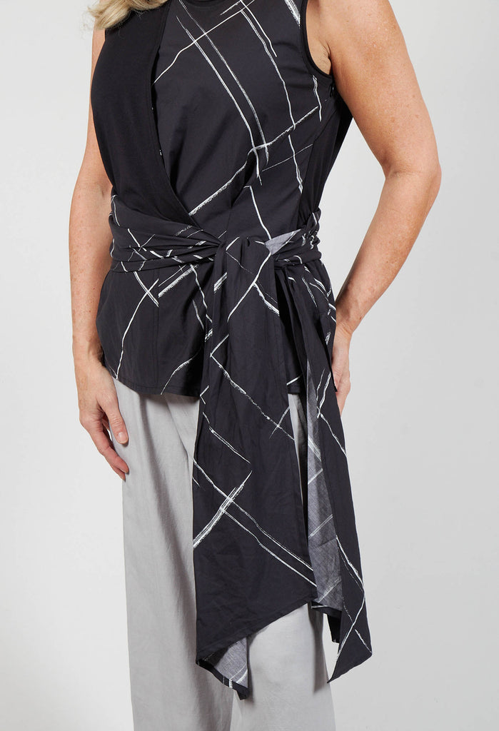 Sleeveless Vest Top with Bow Wrap in Black Check
