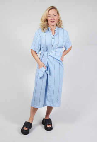 Midi Shirt Dress with Tie Over in Blue and Black Stripe