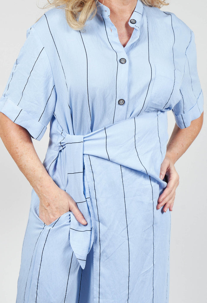 Midi Shirt Dress with Tie Over in Blue and Black Stripe