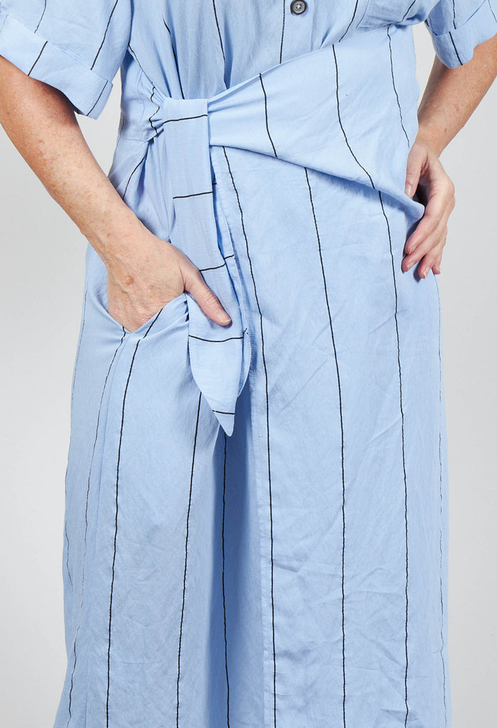 Midi Shirt Dress with Tie Over in Blue and Black Stripe