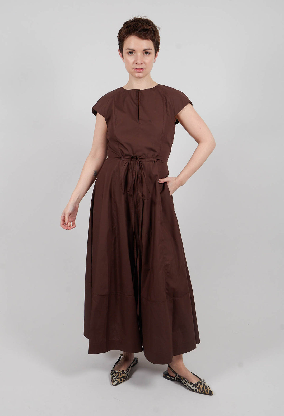 Midi Dress with Belt in Brown