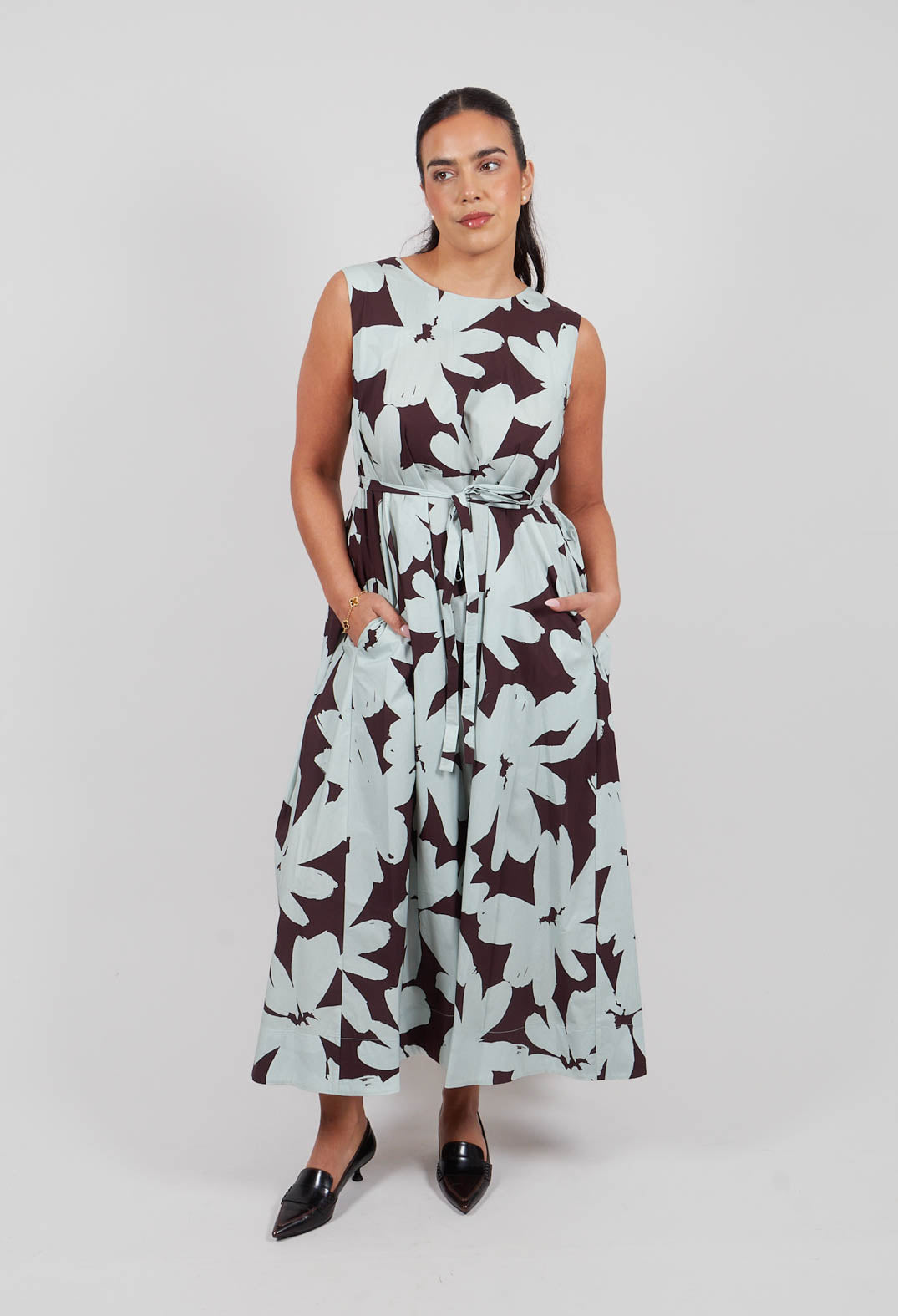 Belted Dress in Stampa Moka and Menta