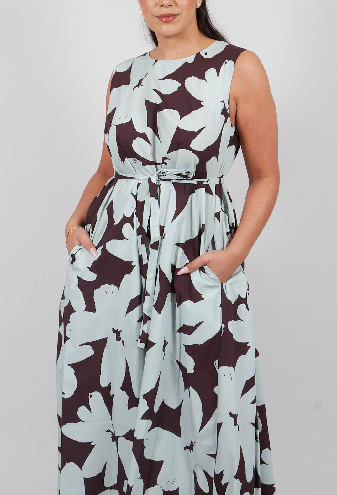 Belted Dress in Stampa Moka and Menta