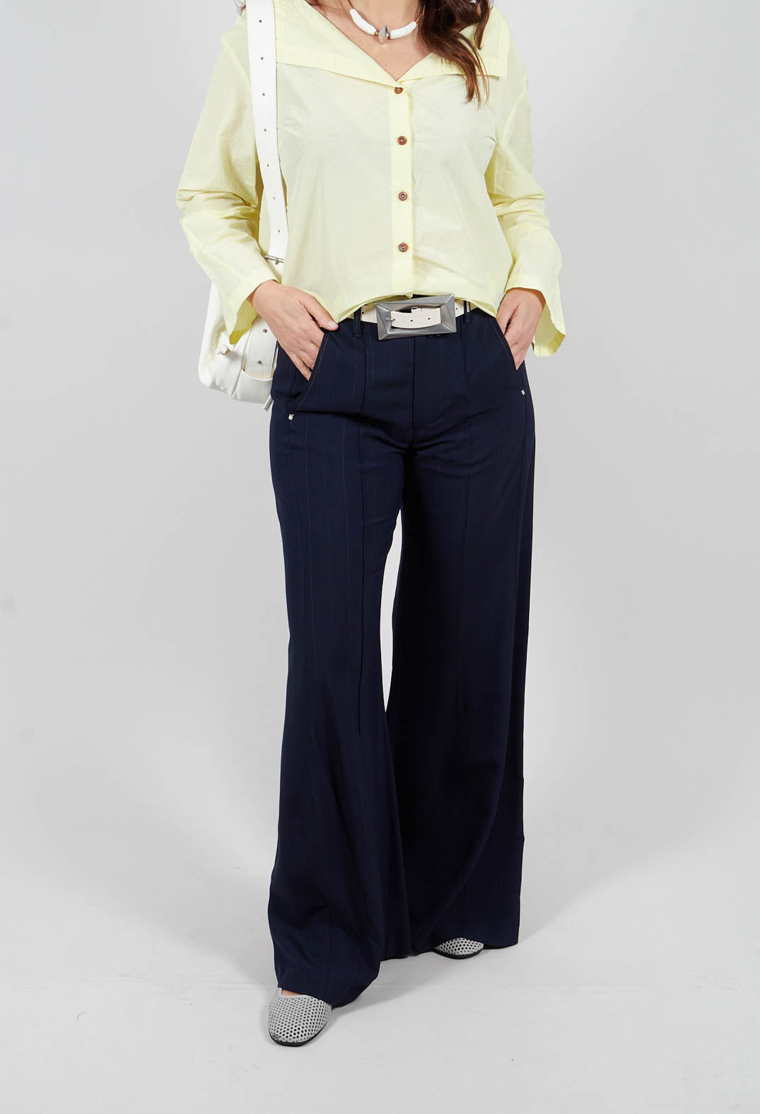 Caught Out Trousers in Dark Blue Pinstripe