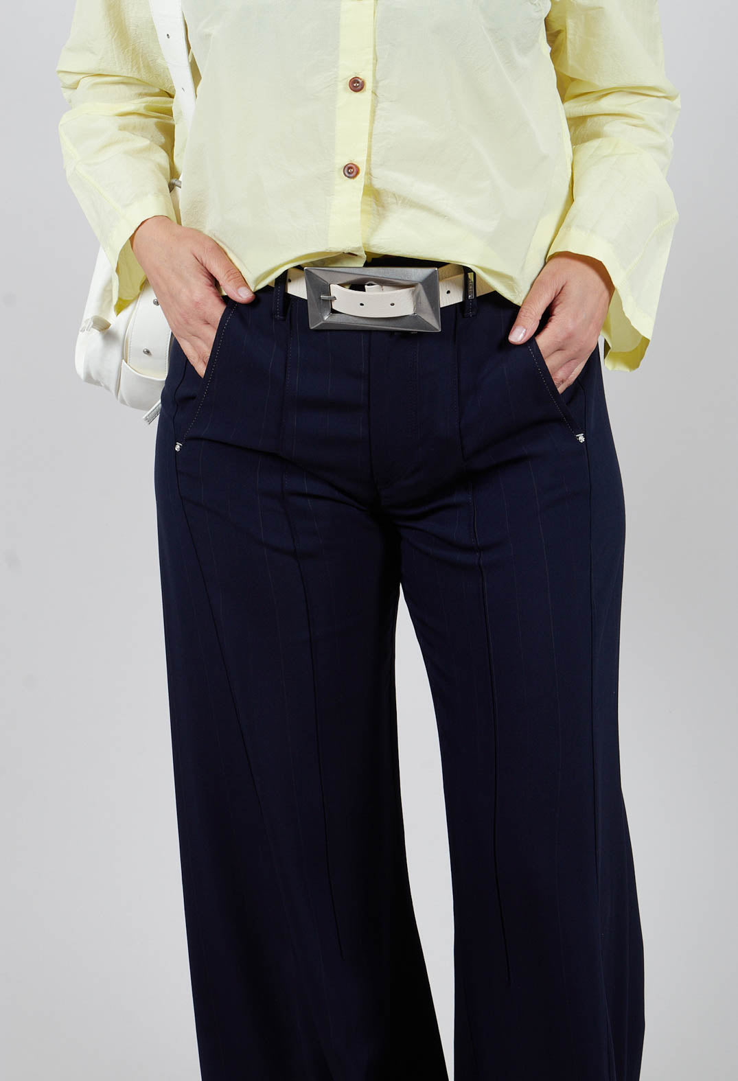 Caught Out Trousers in Dark Blue Pinstripe