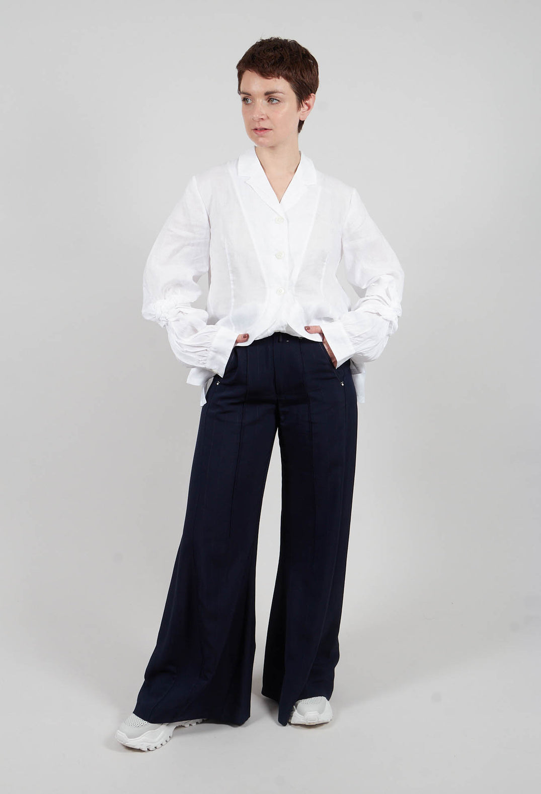 Caught Out Trousers in Dark Blue Pinstripe