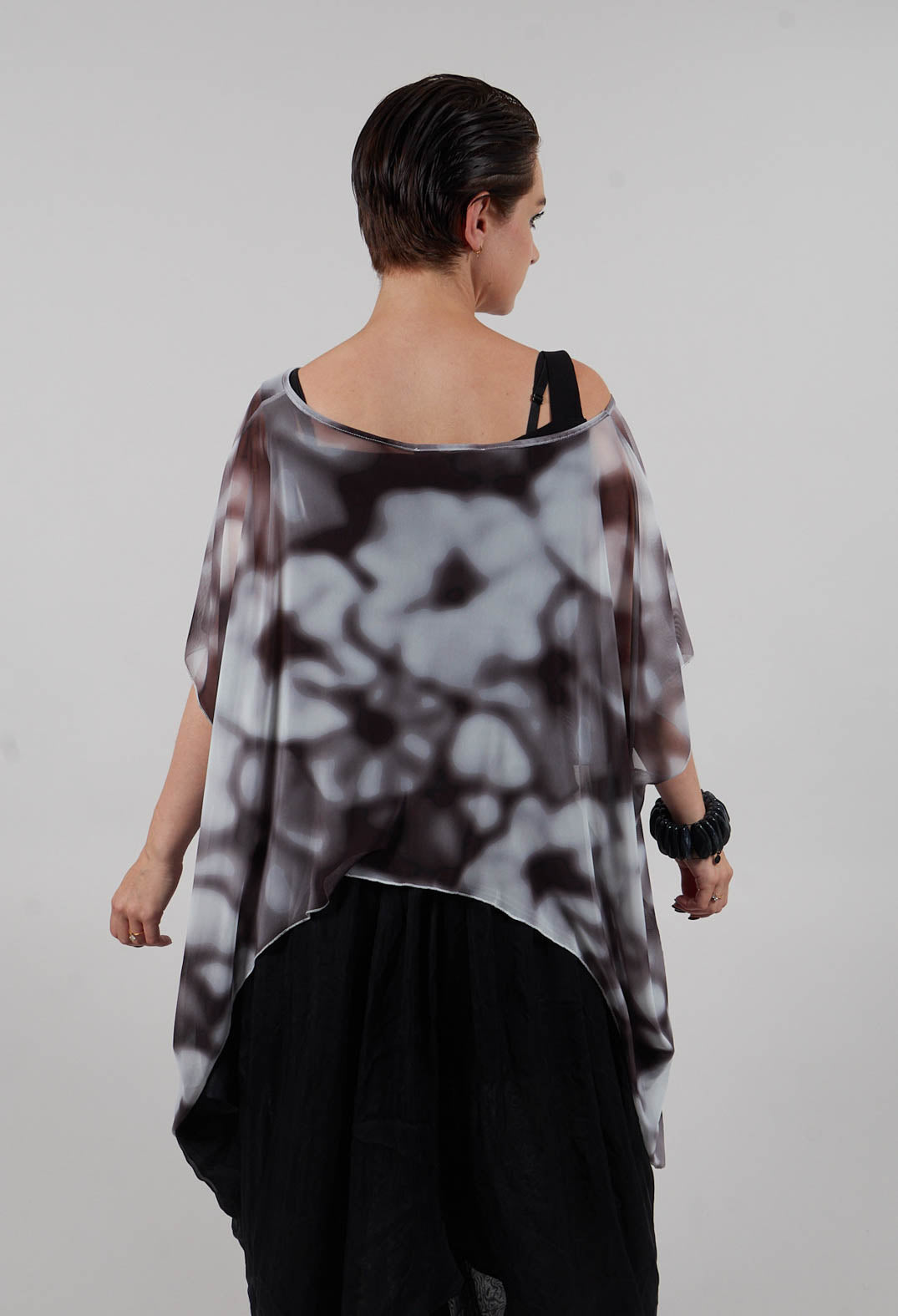 Aysmmetrical T-Shirt in Printed Tulle Stretch White