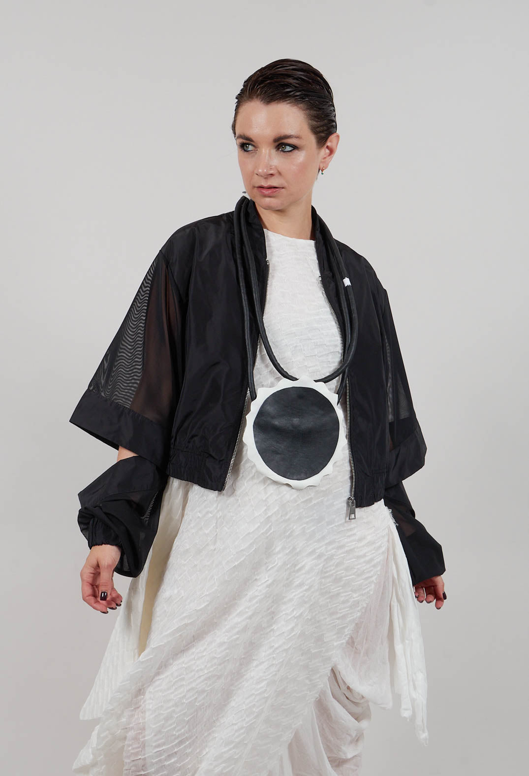 Cropped Bomber Jakcet in Tulle Stretch Black