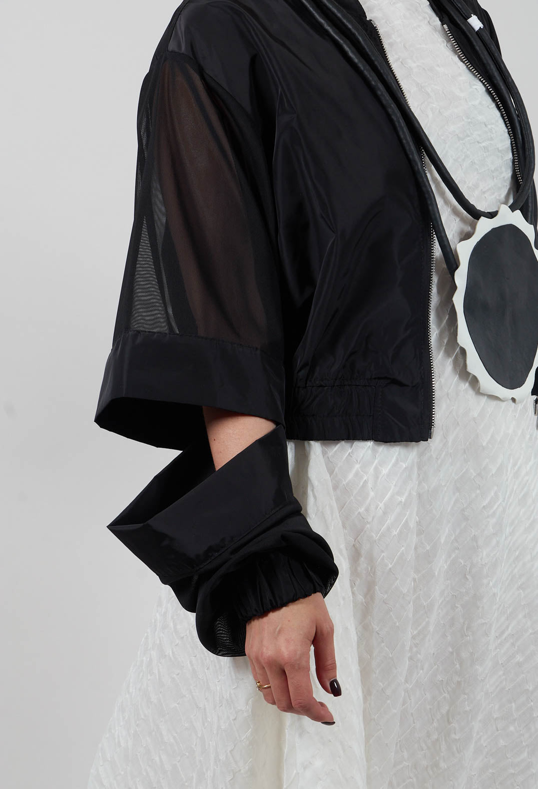 Cropped Bomber Jakcet in Tulle Stretch Black