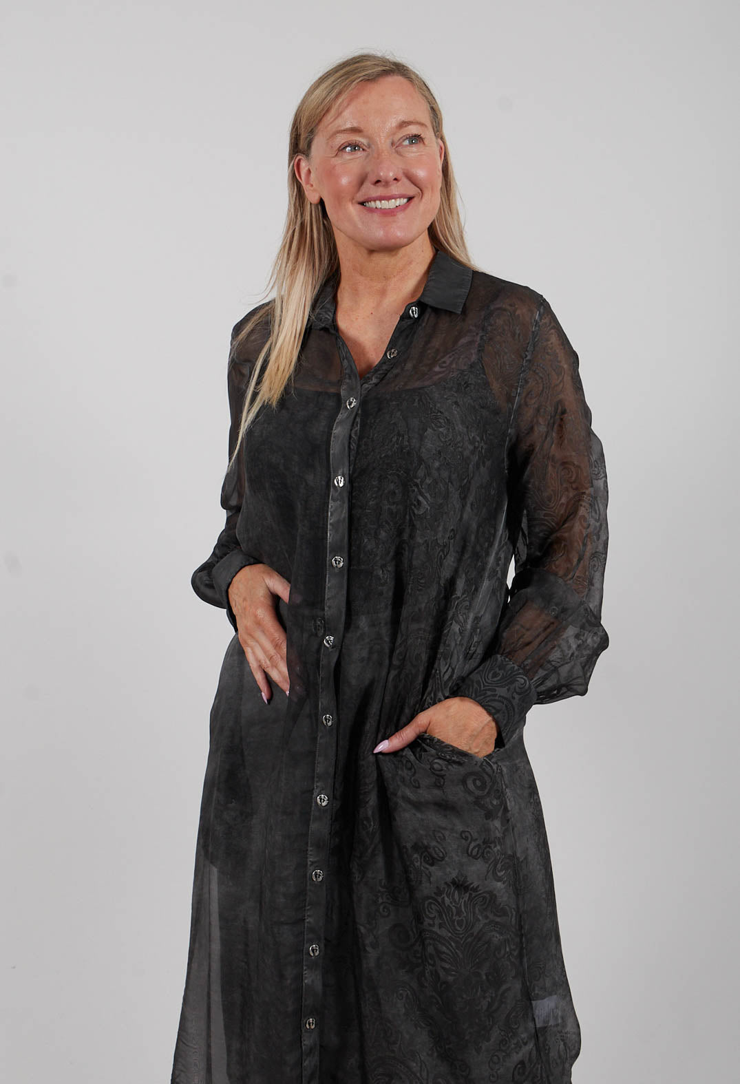 Longline Blouse in Ash Grey Print