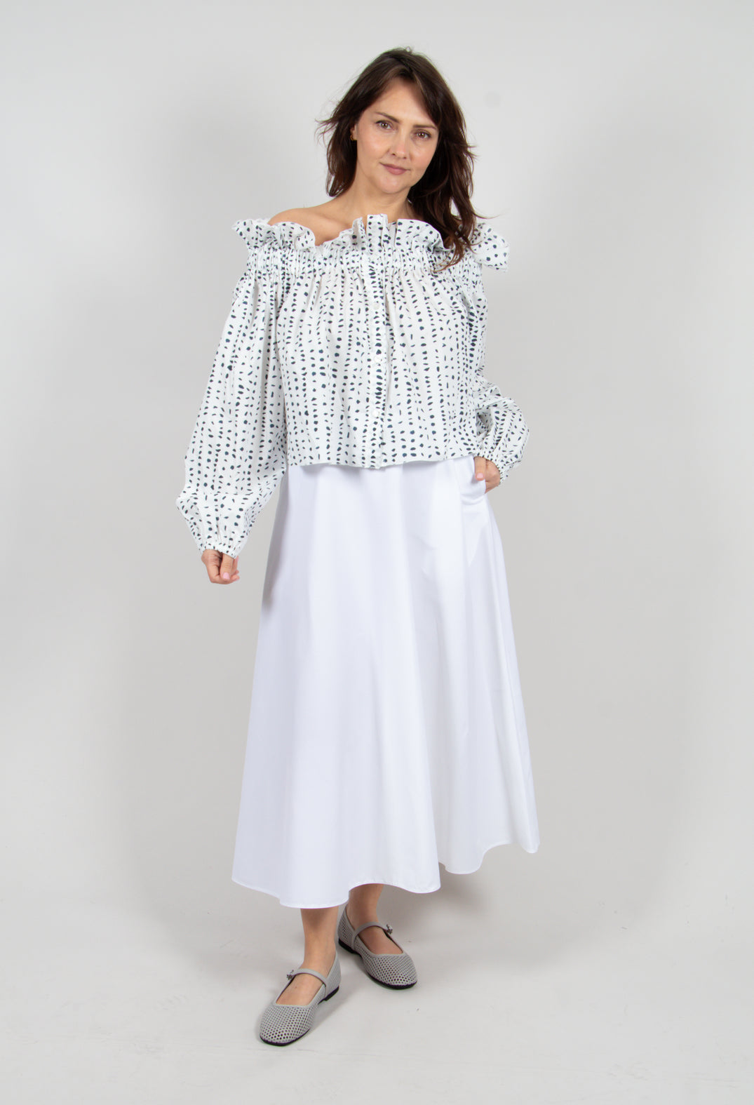 Bardot Style Top in Micro Fantasia Blanc