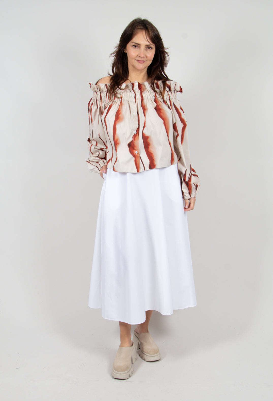 Bardot Style Top in Seashell Ecru and Cannel