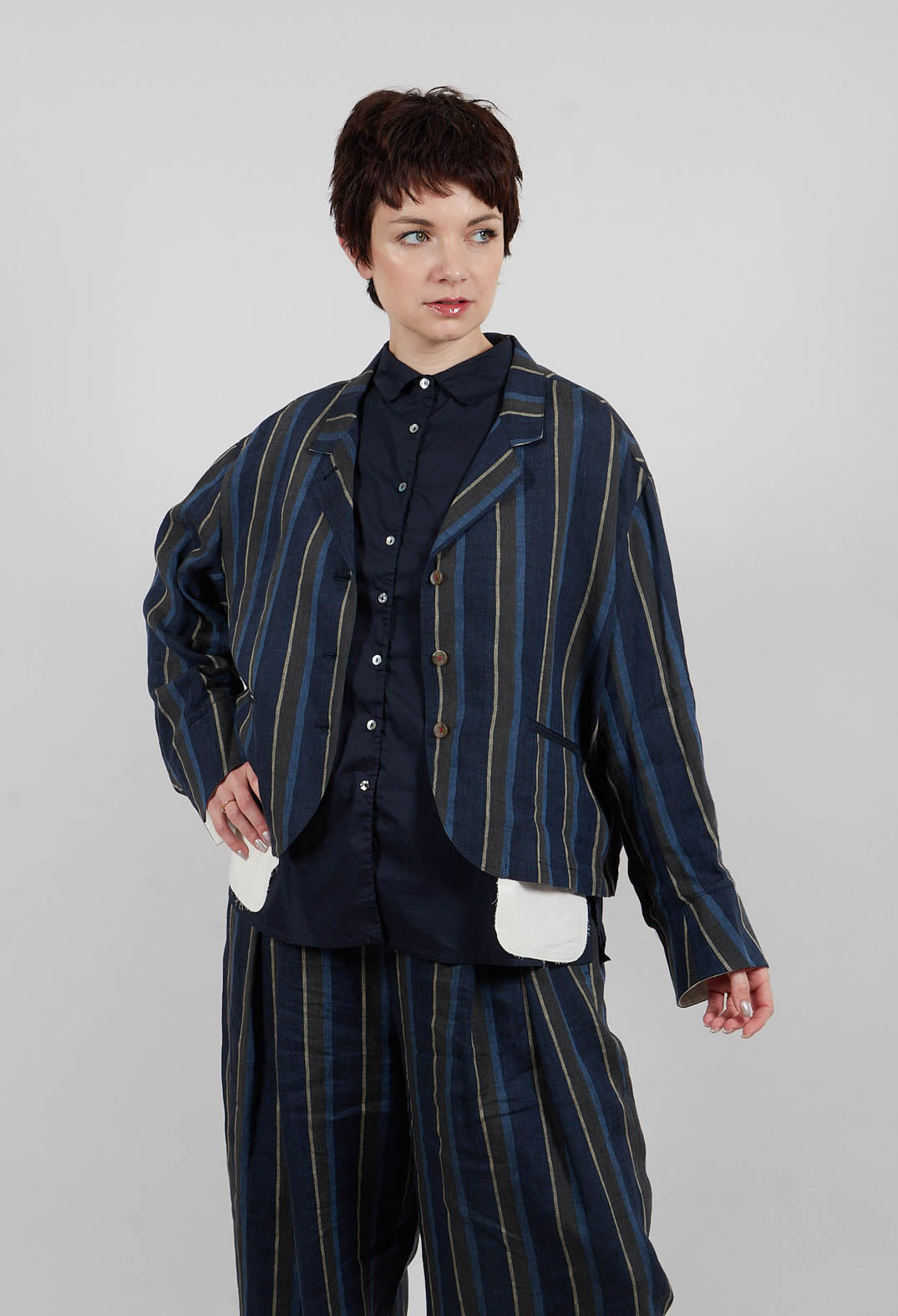Open Neck Shirt in Navy Stripe