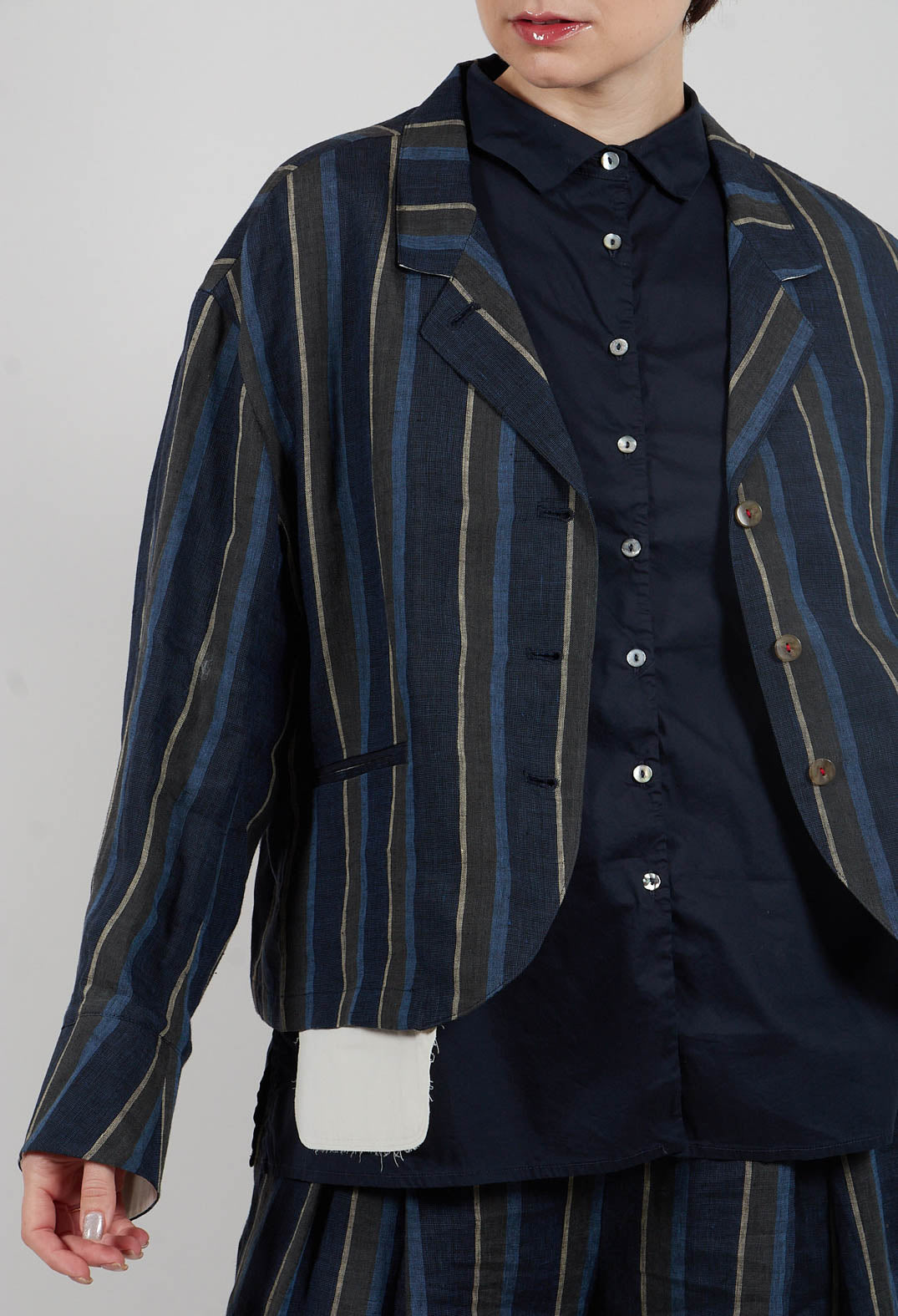 Open Neck Shirt in Navy Stripe