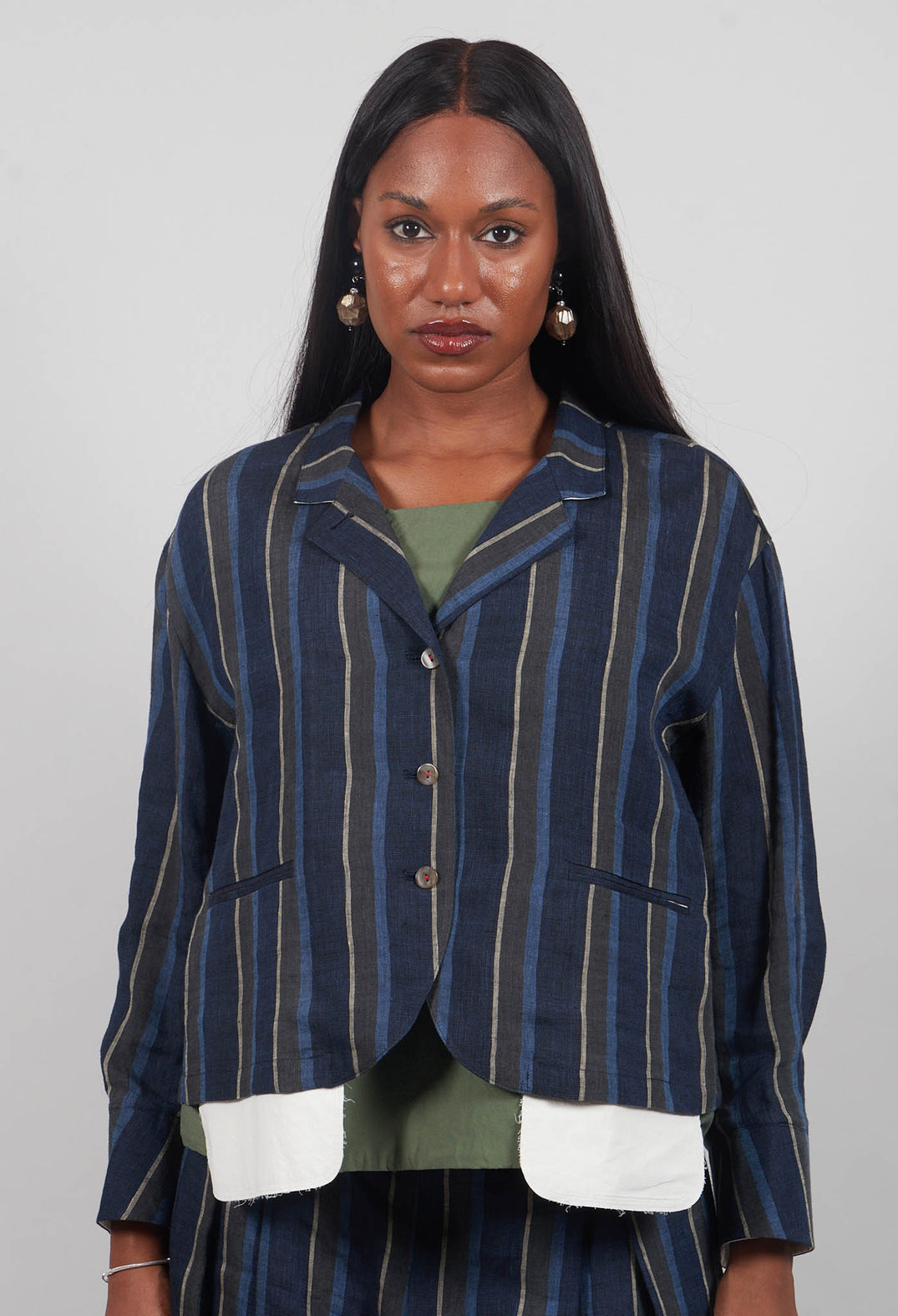 Open Neck Shirt in Navy Stripe