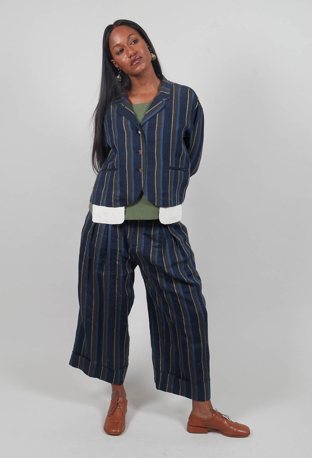 Open Neck Shirt in Navy Stripe