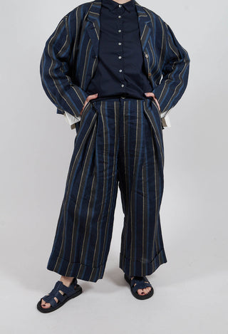 Wide Leg Turn-Up Trouser in Navy Stripe