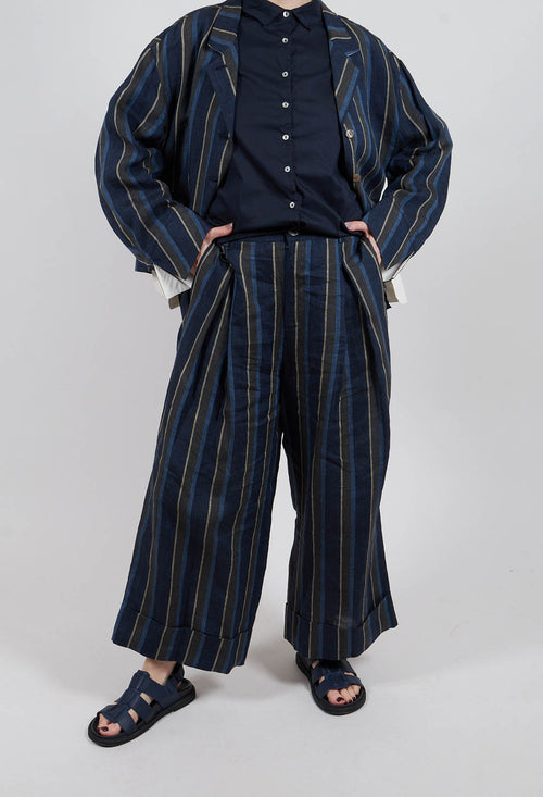 Wide Leg Turn-Up Trouser in Navy Stripe