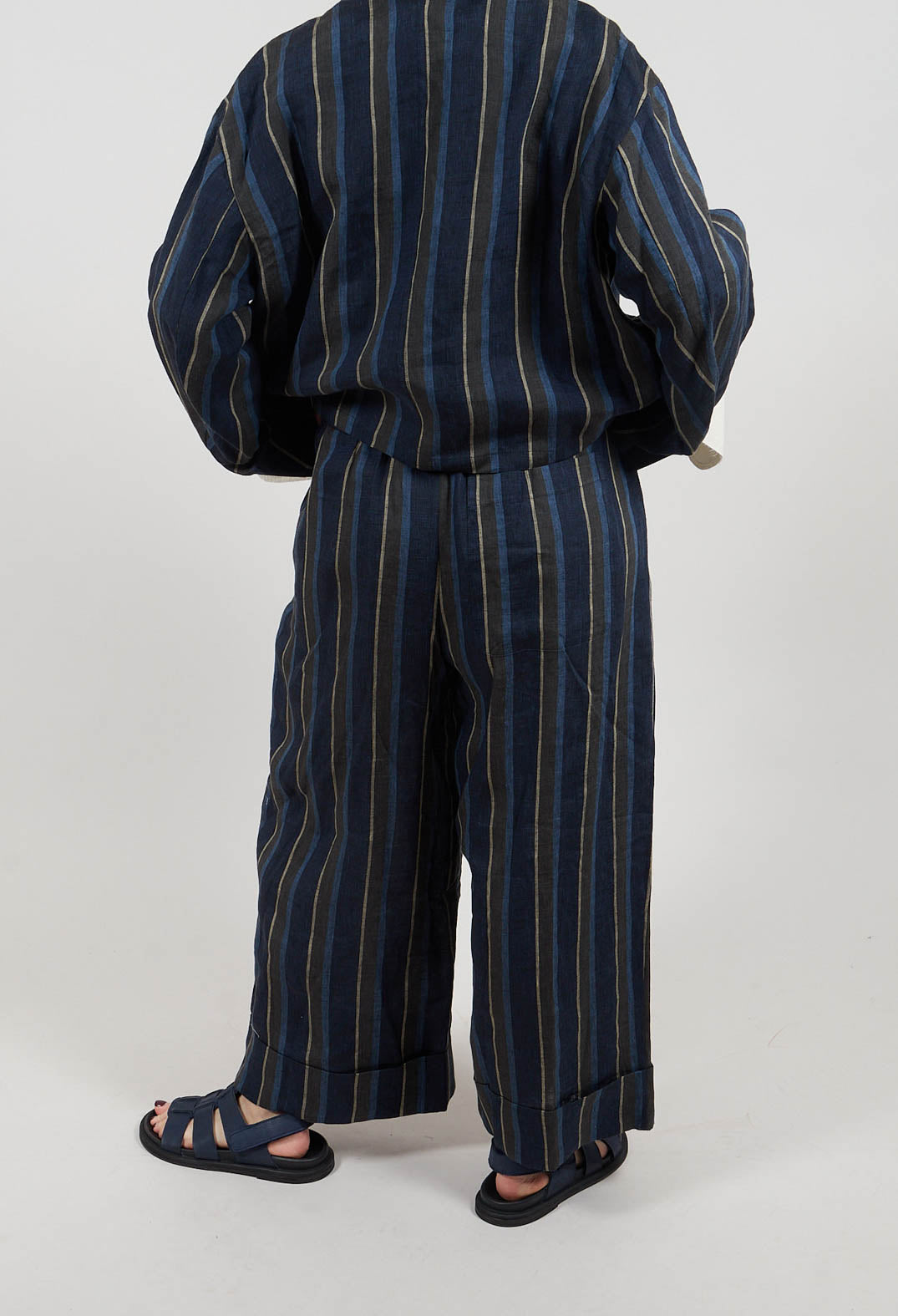 Wide Leg Turn-Up Trouser in Navy Stripe