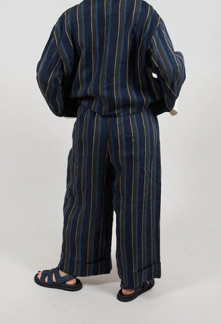 Wide Leg Turn-Up Trouser in Navy Stripe