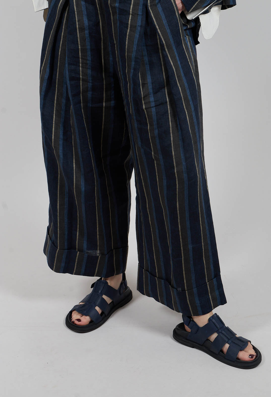 Wide Leg Turn-Up Trouser in Navy Stripe