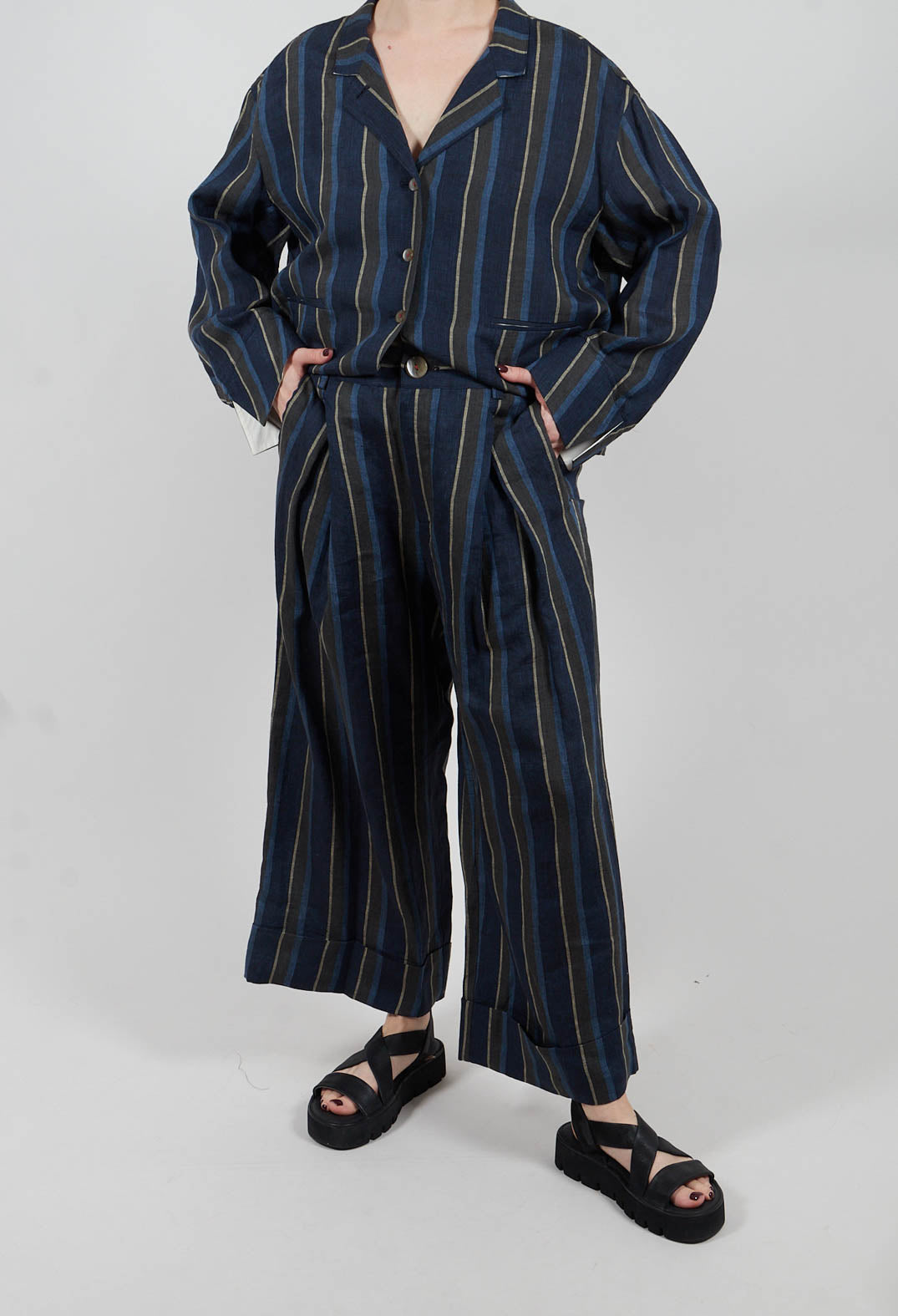 Wide Leg Turn-Up Trouser in Navy Stripe