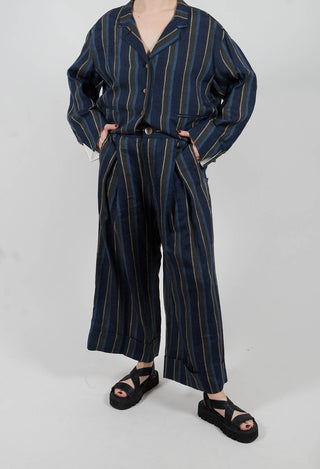 Wide Leg Turn-Up Trouser in Navy Stripe