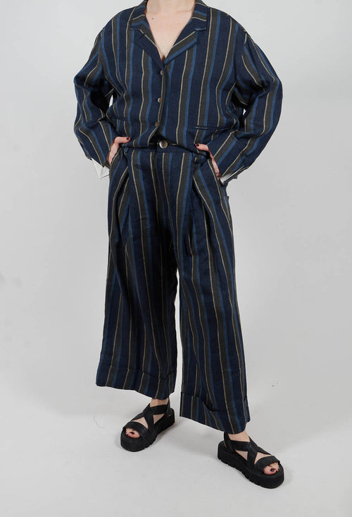 Wide Leg Turn-Up Trouser in Navy Stripe