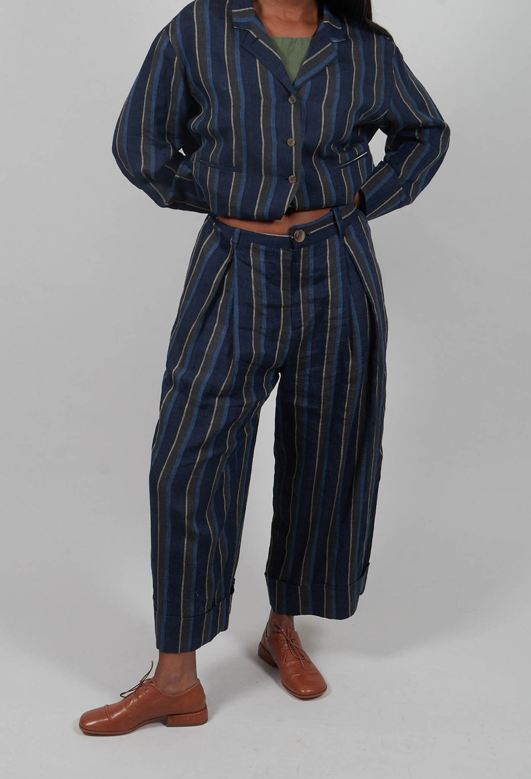 Wide Leg Turn-Up Trouser in Navy Stripe