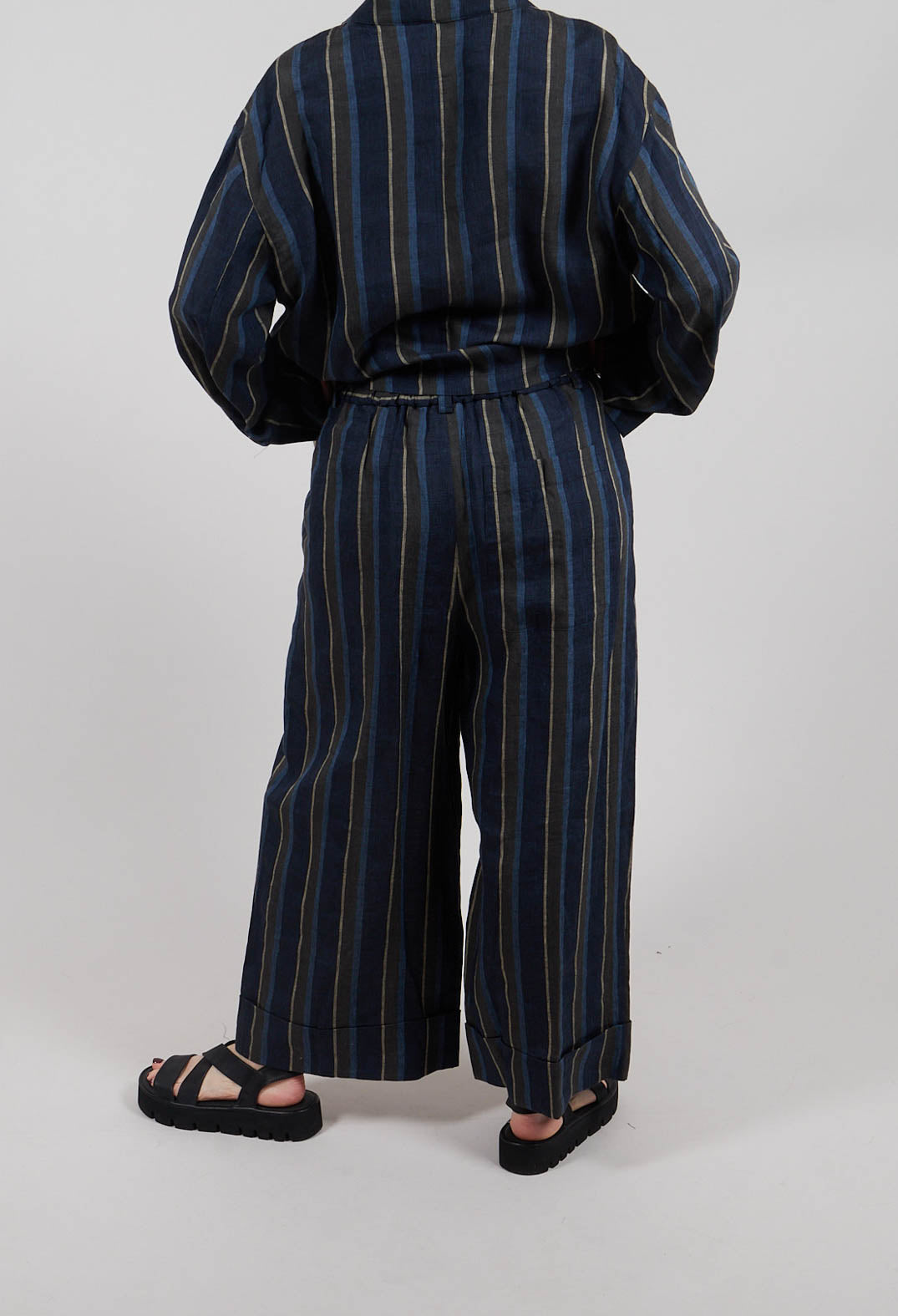 Wide Leg Turn-Up Trouser in Navy Stripe