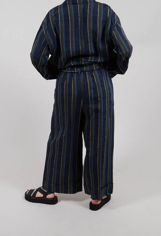 Wide Leg Turn-Up Trouser in Navy Stripe